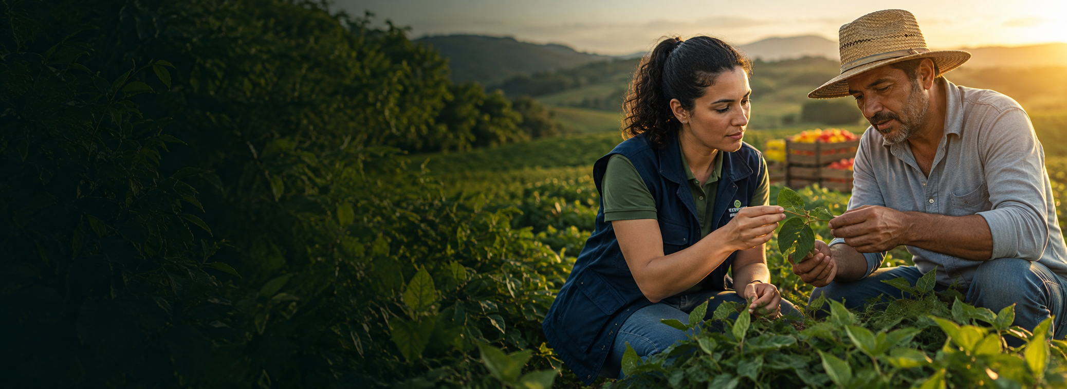 Fiscal agropecuária e produtor examinando plantas