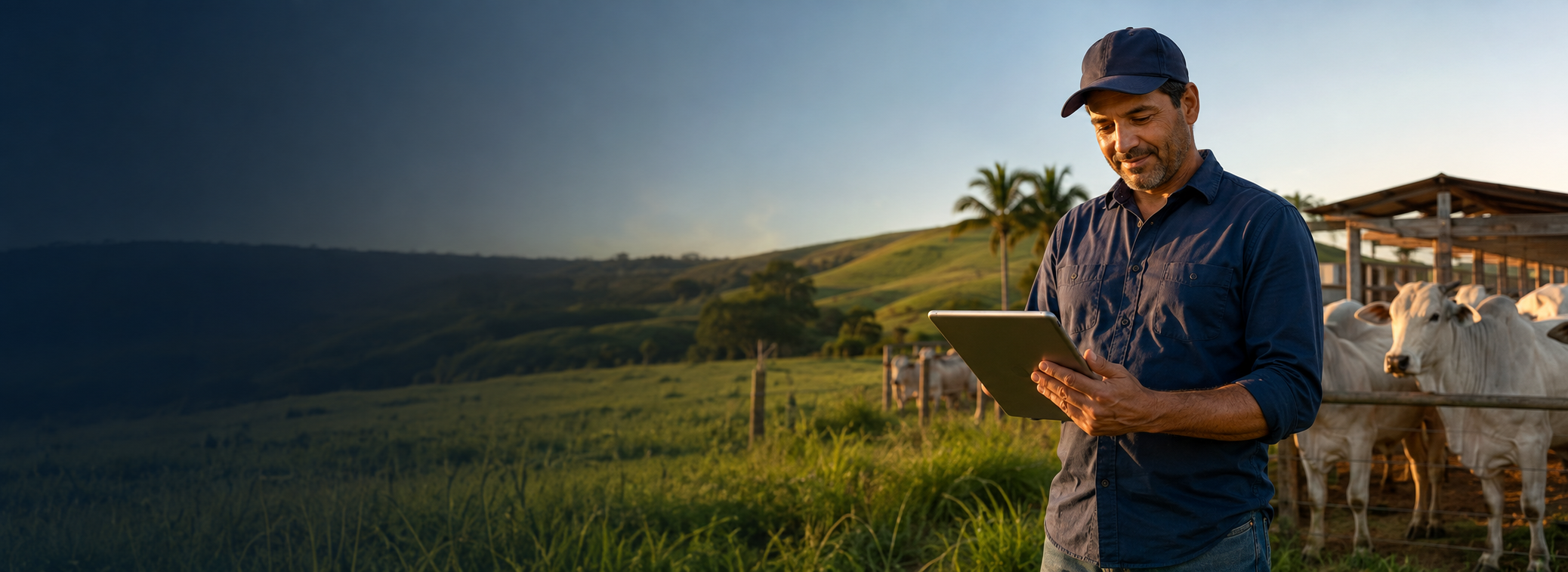 Produtor usando o celular numa propriedade rural